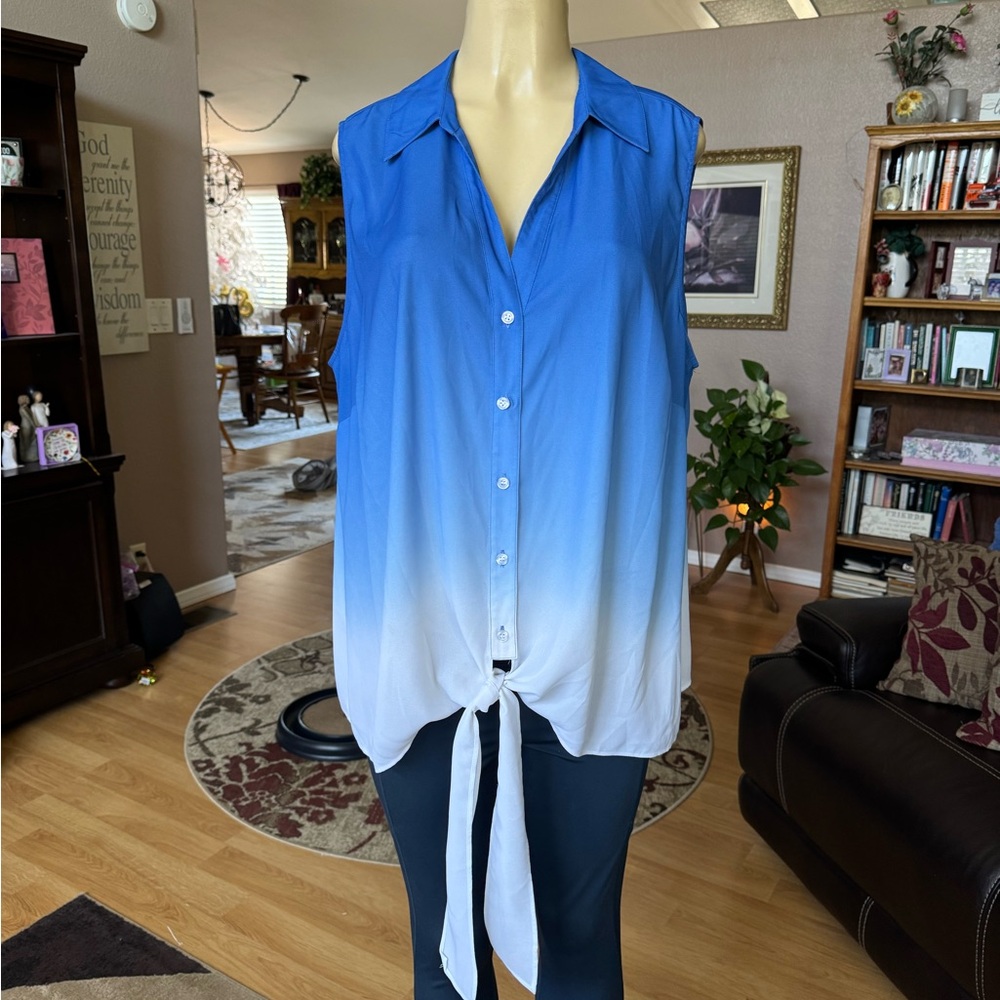 INC blue & white sleeveless Vneck blouse-size 20W